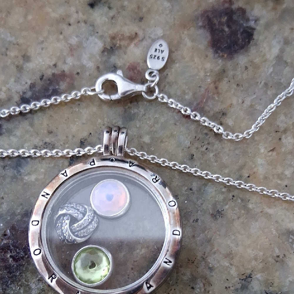 Pandora Silver Necklace with Iridescent and Green Accents